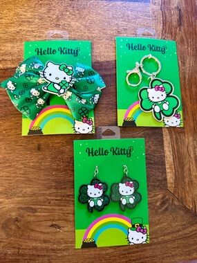 NWT Lot of 3 Hello Kitty Sanrio St. Patrick’s Day Items- Bow, Earrings, Keychain